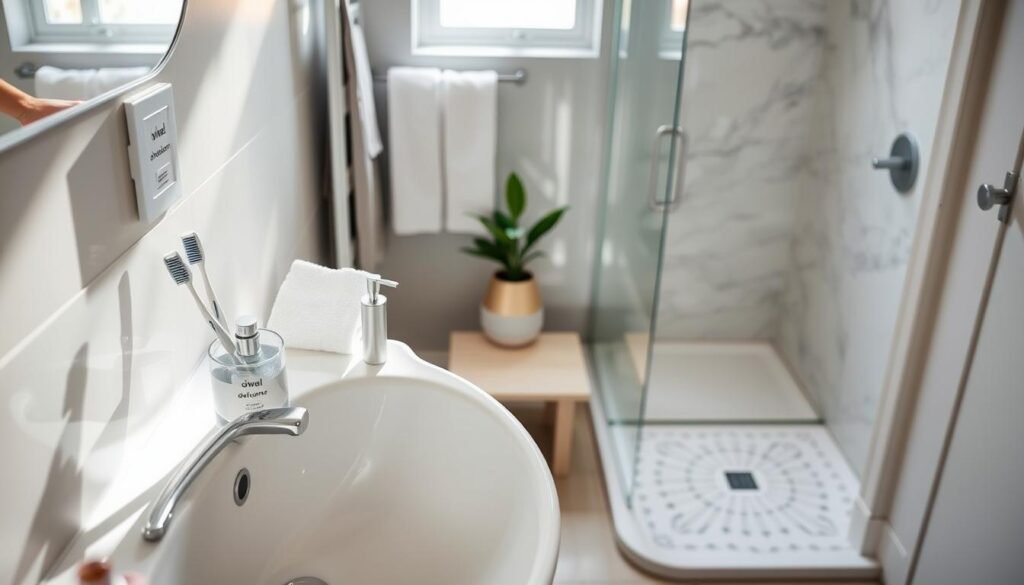 a cozy and modern bathroom setup, filled with essential bathroom necessities for daily living. In the foreground, a neatly arranged sink with stylish containers holding toothbrushes, a soap dispenser, and hand towels, all branded with "Dwellome". In the middle, a plush bath mat and a set of neatly hung towels, along with a small, potted plant bringing a touch of green. In the background, a clean and inviting shower area with elegant tiles, softly lit by natural light streaming through a window. The mood is fresh, organized, and welcoming, perfect for a first apartment experience. Capture this scene with a slight overhead angle, natural daylight highlighting textures and colors. a cozy and modern bathroom setup, filled with essential bathroom necessities for daily living. In the foreground, a neatly arranged sink with stylish containers holding toothbrushes, a soap dispenser, and hand towels, all branded with "Dwellome". In the middle, a plush bath mat and a set of neatly hung towels, along with a small, potted plant bringing a touch of green. In the background, a clean and inviting shower area with elegant tiles, softly lit by natural light streaming through a window. The mood is fresh, organized, and welcoming, perfect for a first apartment experience. Capture this scene with a slight overhead angle, natural daylight highlighting textures and colors.