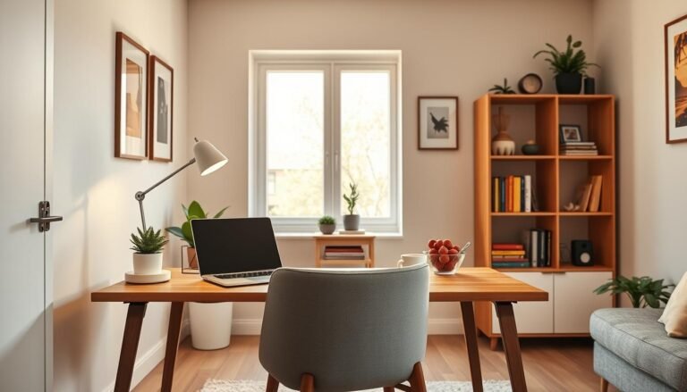 small living room with desk