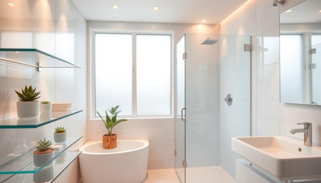 A beautifully designed small bathroom featuring clear glass elements that enhance the sense of space. In the foreground, sleek glass shelves with decorative plants and minimalist accessories create an airy feel. The middle ground showcases a modern glass shower enclosure, allowing light to pass through, which adds depth and clarity to the design. The background features a large, frosted glass window that floods the room with natural light, highlighting the soft color palette of white and light gray tiles. The atmosphere is serene and inviting, with warm ambient lighting giving a cozy touch. Capture this scene from a slightly elevated angle to emphasize the spaciousness, using a wide-angle lens for a broad perspective. Ensure no human subjects are included in the image. A beautifully designed small bathroom featuring clear glass elements that enhance the sense of space. In the foreground, sleek glass shelves with decorative plants and minimalist accessories create an airy feel. The middle ground showcases a modern glass shower enclosure, allowing light to pass through, which adds depth and clarity to the design. The background features a large, frosted glass window that floods the room with natural light, highlighting the soft color palette of white and light gray tiles. The atmosphere is serene and inviting, with warm ambient lighting giving a cozy touch. Capture this scene from a slightly elevated angle to emphasize the spaciousness, using a wide-angle lens for a broad perspective. Ensure no human subjects are included in the image.