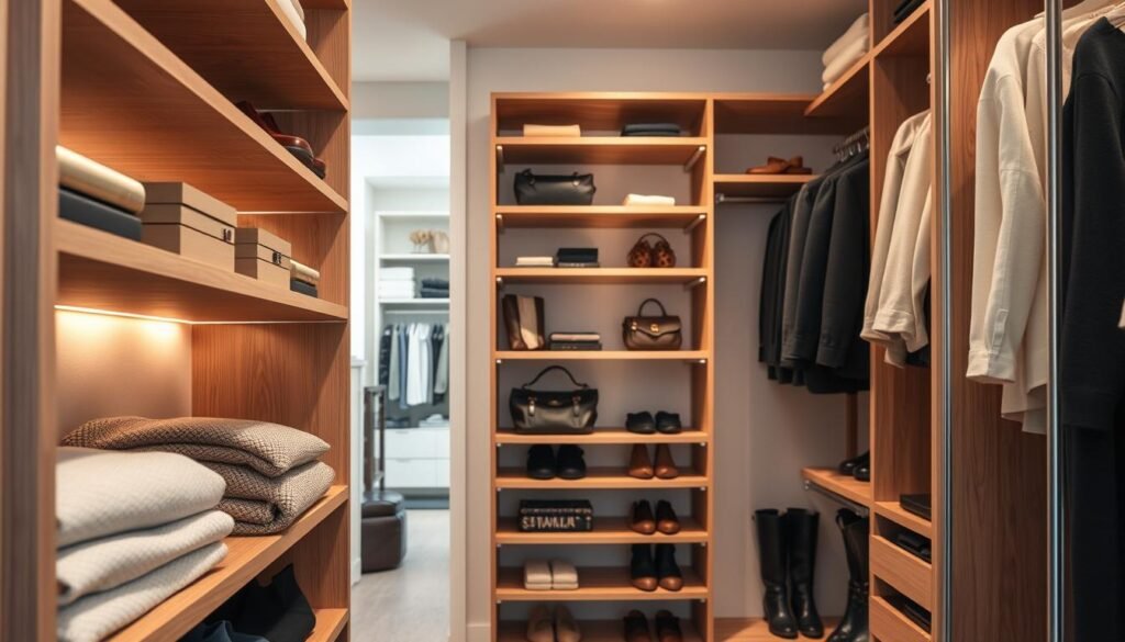 A beautifully organized closet featuring innovative shelving design, showcasing a variety of storage options. In the foreground, sleek wooden shelves display neatly folded sweaters and strategically placed decorative boxes. The middle section reveals adjustable, multi-level shelving providing space for shoes, handbags, and accessories. The background includes a subtle, light-colored wall with soft ambient lighting that enhances the inviting atmosphere. A glimpse of stylish closet organizers and hanging storage can be seen, perfectly harmonizing with the overall aesthetic. The scene is captured with a warm, natural light, emphasizing the textures of the wood and fabric while maintaining a clean and modern look. The angle is slightly askew to convey depth, creating a sense of spaciousness and organization in the closet.