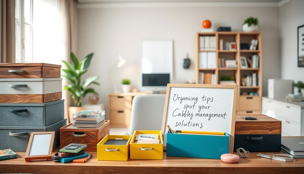 A beautifully organized home office scene featuring various storage containers and organization tools. In the foreground, there are stylish wooden and fabric storage boxes stacked neatly on a modern desk. Scattered around are colorful file organizers, cable management solutions, and a small whiteboard with organizing tips written in clear, elegant handwriting. In the middle, a sleek office chair and a laptop are positioned next to a well-arranged bookshelf filled with books and decorative items. The background showcases a bright window with sheer curtains, allowing natural light to illuminate the space, creating a warm and inviting atmosphere. The overall mood is productive and serene, reflecting an efficient workspace. Use a soft focus lens to enhance the comforting ambience, capturing the essence of home office organization. A beautifully organized home office scene featuring various storage containers and organization tools. In the foreground, there are stylish wooden and fabric storage boxes stacked neatly on a modern desk. Scattered around are colorful file organizers, cable management solutions, and a small whiteboard with organizing tips written in clear, elegant handwriting. In the middle, a sleek office chair and a laptop are positioned next to a well-arranged bookshelf filled with books and decorative items. The background showcases a bright window with sheer curtains, allowing natural light to illuminate the space, creating a warm and inviting atmosphere. The overall mood is productive and serene, reflecting an efficient workspace. Use a soft focus lens to enhance the comforting ambience, capturing the essence of home office organization.