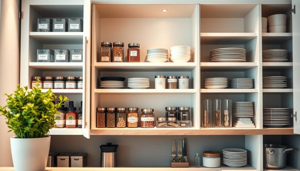 A beautifully organized kitchen cupboard layout, showcasing efficient storage solutions. In the foreground, a close-up view features sleek, modern containers with labels, neatly arranged spices, and stacked dishes. The middle ground reveals well-organized shelves, highlighting creative use of vertical space with pull-out drawers and adjustable dividers. The background includes minimalistic cabinetry with soft, ambient lighting, casting gentle shadows that enhance the tidy atmosphere. A fresh, vibrant potted herb plant adds a pop of color, elevating the warm, inviting mood of the space. The scene is shot from a slight overhead angle, using a wide lens to capture the entire layout, emphasizing functionality and aesthetic appeal in a contemporary kitchen setting.