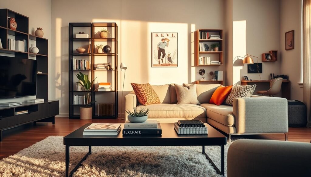 A cozy and stylish living room displaying innovative organization hacks for small apartments. In the foreground, a sleek, modern coffee table holds decorative boxes and magazines, while a soft, inviting rug adds warmth. In the middle, elegant shelving units are filled with neatly arranged books, plants, and decorative items, showcasing practical storage solutions. A compact sofa with colorful throw pillows exudes comfort. In the background, a cleverly utilized wall-mounted desk area emphasizes productivity without sacrificing space. Warm, natural lighting floods the room, accentuated by soft shadows, creating a tranquil atmosphere. The scene is captured from a slight angle, enhancing depth and inviting a sense of space and functionality.