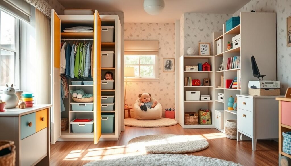A cozy children's room featuring neatly organized closet storage solutions. In the foreground, a colorful wardrobe with open doors reveals neatly folded clothes, labeled bins, and shelves filled with toys and books. The middle ground showcases a small, inviting play area with a soft rug and a bean bag chair, adding to the room's charm. The background captures the walls adorned with playful wallpaper and a window letting in warm, natural light. The scene has a cheerful and tidy atmosphere, designed to inspire organization. Soft shadows and highlights emphasize the textures of the furniture and storage items, with a slight wide-angle lens perspective to showcase the entire room. A cozy children's room featuring neatly organized closet storage solutions. In the foreground, a colorful wardrobe with open doors reveals neatly folded clothes, labeled bins, and shelves filled with toys and books. The middle ground showcases a small, inviting play area with a soft rug and a bean bag chair, adding to the room's charm. The background captures the walls adorned with playful wallpaper and a window letting in warm, natural light. The scene has a cheerful and tidy atmosphere, designed to inspire organization. Soft shadows and highlights emphasize the textures of the furniture and storage items, with a slight wide-angle lens perspective to showcase the entire room.