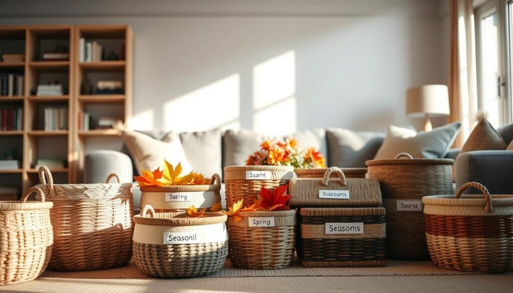 A cozy living room setup featuring an array of stylish storage baskets designed for seasonal organization. In the foreground, a variety of aesthetically pleasing baskets made from natural materials like wicker and cotton, displaying intricate patterns and earthy tones. The middle ground showcases a neat arrangement with a few baskets labeled for different seasons, surrounded by seasonal decor like vibrant autumn leaves or spring flowers. Soft, warm lighting enhances the inviting atmosphere, casting gentle shadows and highlighting the textures of the baskets. The background has a blurred view of a tasteful bookshelf and a window letting in daylight, contributing to an organized yet comfortable home feel. The overall mood is serene and visually appealing, perfect for inspiring clutter-free living.
