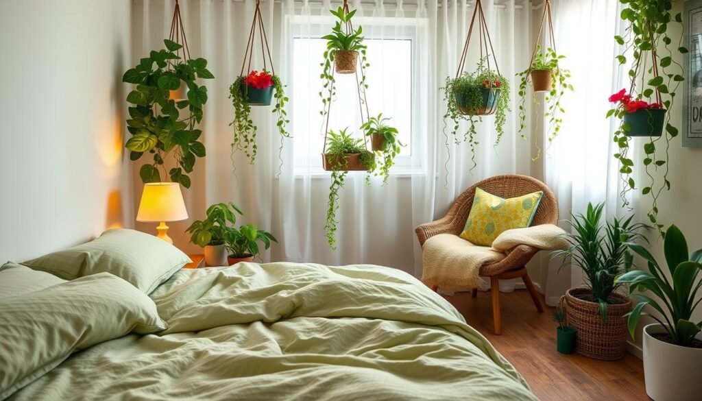 A cozy small bedroom featuring lush greenery to energize the space. In the foreground, a neatly made bed covered with soft, textured blankets in shades of light green and beige. A bedside table holds a small potted plant and a warm lamp emitting a soft glow. In the middle, a cozy reading nook with an inviting armchair adorned with colorful cushions, surrounded by hanging planters filled with trailing vines and vibrant foliage. The background features a window with sheer white curtains allowing gentle sunlight to filter in, illuminating the room softly. The overall atmosphere is serene and refreshing, creating a sense of rejuvenation and tranquility, perfect for a budget-friendly decor idea. A cozy small bedroom featuring lush greenery to energize the space. In the foreground, a neatly made bed covered with soft, textured blankets in shades of light green and beige. A bedside table holds a small potted plant and a warm lamp emitting a soft glow. In the middle, a cozy reading nook with an inviting armchair adorned with colorful cushions, surrounded by hanging planters filled with trailing vines and vibrant foliage. The background features a window with sheer white curtains allowing gentle sunlight to filter in, illuminating the room softly. The overall atmosphere is serene and refreshing, creating a sense of rejuvenation and tranquility, perfect for a budget-friendly decor idea.