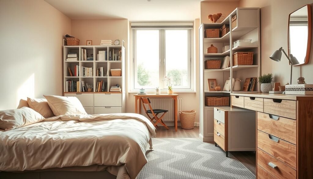 A cozy small bedroom showcasing innovative storage solutions. In the foreground, a stylish bed with under-bed storage containers neatly organized, featuring soft, neutral bedding. On the right, a compact nightstand with drawers, adorned with decorative items. In the middle, a wall-mounted shelving unit filled with books and decorative baskets, effectively utilizing vertical space. A small desk area with a folding chair and storage cubbies complements the layout. Soft, warm lighting gives the room an inviting atmosphere, emphasizing the clever use of space. The background reveals pastel-colored walls and a large window that lets in natural light, creating a tranquil mood. The image should capture smart, practical storage hacks in a visually appealing and budget-friendly way. A cozy small bedroom showcasing innovative storage solutions. In the foreground, a stylish bed with under-bed storage containers neatly organized, featuring soft, neutral bedding. On the right, a compact nightstand with drawers, adorned with decorative items. In the middle, a wall-mounted shelving unit filled with books and decorative baskets, effectively utilizing vertical space. A small desk area with a folding chair and storage cubbies complements the layout. Soft, warm lighting gives the room an inviting atmosphere, emphasizing the clever use of space. The background reveals pastel-colored walls and a large window that lets in natural light, creating a tranquil mood. The image should capture smart, practical storage hacks in a visually appealing and budget-friendly way.