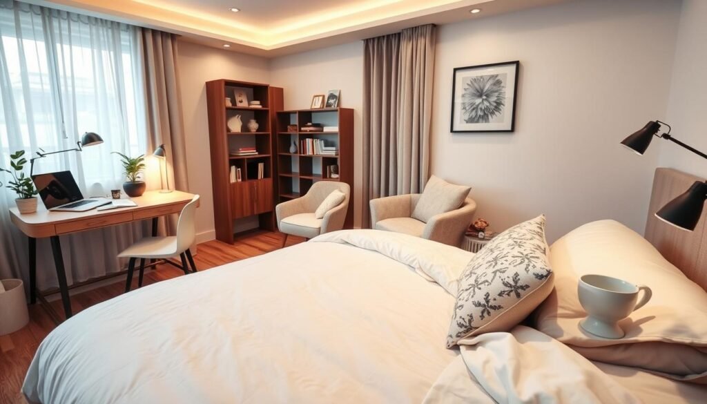 A cozy, stylish small bedroom featuring defined zones for different activities, such as sleeping, working, and relaxing. In the foreground, a neatly made bed with soft, neutral linens and decorative pillows showcases the sleeping area. To the left, a small desk with a modern design, organized with a plant and stylish stationery, represents the workspace. The background includes a tasteful bookshelf and a cozy reading nook with a plush chair and throw. Soft, warm lighting creates an inviting atmosphere, complemented by light filtering through sheer curtains, and the room is decorated with calming colors and minimalistic art. The composition is shot from a slightly elevated angle to emphasize the organized layout and harmonious flow of space.