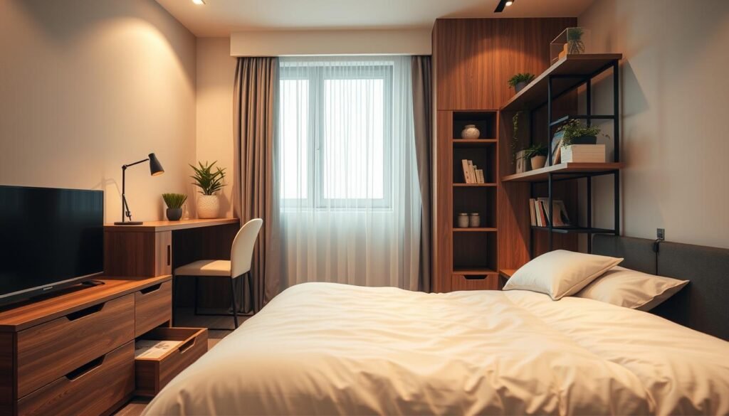 A modern, compact bedroom featuring innovative space-saving furniture solutions. In the foreground, showcase a multifunctional bed with built-in drawers and a foldable desk that can be stowed away. The middle ground should display a stylish shelving unit designed to maximize vertical space, adorned with plants and decorative items. In the background, lightly lit by soft, warm ambient lighting, present a window with sheer curtains allowing natural light to filter in, enhancing the cozy atmosphere. The scene should evoke feelings of comfort and clever design, captured with a slightly elevated angle to emphasize the room's optimized layout and functionality.