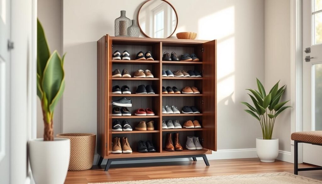 A modern shoe storage cabinet designed for a small entryway, featuring a sleek, minimalist aesthetic. The cabinet is a deep walnut color with clean lines, showcasing open shelves filled with an assortment of stylish shoes like sneakers, flats, and boots. In the foreground, a pair of decorative plant pots adds a touch of greenery. The middle ground highlights the cabinet with its doors slightly ajar, revealing neatly organized compartments. In the background, a soft, light gray wall enhances the cabinet's rich tones, with a round mirror reflecting natural light from a nearby window, creating an inviting atmosphere. Use warm, diffused lighting to evoke a cozy feel, shot from a slightly elevated angle to capture the depth of the space.
