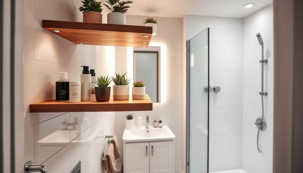 A small, stylish bathroom featuring innovative storage solutions to maximize space. In the foreground, display a sleek, floating wooden shelf filled with neatly organized toiletries and decorative plants, creating a blend of functionality and aesthetics. The middle ground reveals a compact vanity with mirrored surfaces that enhance the illusion of space, illuminated by warm, strategic LED lighting that casts a soft glow. The background includes bright, white tiles and a subtle glass shower enclosure, emphasizing cleanliness and openness. The angle should be slightly elevated, providing a broader view of the entire room. The mood is modern and serene, showcasing the effective use of light to create a welcoming atmosphere in a small bathroom. A small, stylish bathroom featuring innovative storage solutions to maximize space. In the foreground, display a sleek, floating wooden shelf filled with neatly organized toiletries and decorative plants, creating a blend of functionality and aesthetics. The middle ground reveals a compact vanity with mirrored surfaces that enhance the illusion of space, illuminated by warm, strategic LED lighting that casts a soft glow. The background includes bright, white tiles and a subtle glass shower enclosure, emphasizing cleanliness and openness. The angle should be slightly elevated, providing a broader view of the entire room. The mood is modern and serene, showcasing the effective use of light to create a welcoming atmosphere in a small bathroom.