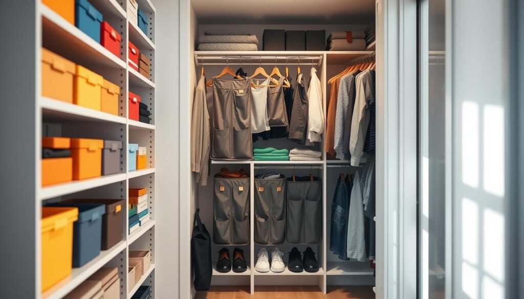 A stylish, modern small closet filled with innovative space-saving organizers. In the foreground, display neatly arranged shelves with colorful bins and boxes, all labeled for easy access. The middle section features hanging organizers with pockets for accessories, shoes, and folded clothes, designed to maximize vertical space. In the background, a sleek minimalist closet door slightly ajar reveals more organized sections. Soft, natural lighting filters in, creating a warm and inviting atmosphere. The angle should be slightly elevated, aiming to capture the entirety of the closet's layout, emphasizing functionality and aesthetic appeal. The overall mood should inspire practical organization solutions and a sense of calm in a well-managed space.