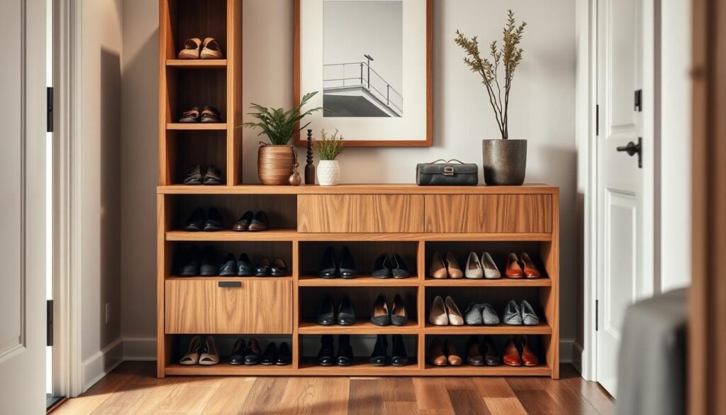 A stylish shoe storage cabinet situated in a small entryway, emphasizing personalization and organization. In the foreground, showcase a sleek, modern cabinet made of warm wood with a mix of open shelves and closed compartments, featuring various stylish shoes elegantly arranged. In the middle, include decorative elements like potted plants and framed artwork on the wall above the cabinet, creating a personalized touch. The background should portray a cozy entryway with a welcoming atmosphere, featuring soft lighting that enhances the warm colors of the wood. Use a slight angle to capture depth, mimicking a professional interior design photograph, evoking a sense of comfort and style. The overall mood should be inviting and chic.