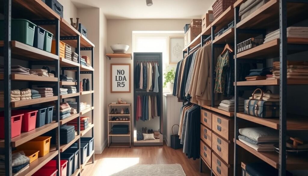 A well-organized DIY closet shelving unit, showcasing various shelf designs made from reclaimed wood and metal brackets, fills the foreground. The shelving is neatly stocked with colorful storage bins, folded clothing, and accessories, reflecting a personalized touch. In the middle ground, a stylish, warmly lit closet space features a full-length mirror and a hanging area with neatly arranged clothes on hangers, highlighting the functionality of the shelving. The background consists of soft, neutral-toned walls and subtle decorative elements like plants or framed artwork, creating a cozy and inviting atmosphere. The lighting is natural and bright, streaming in from a nearby window, enhancing the textures of the wood and the vivid colors of the items displayed. The overall mood is innovative, encouraging creativity in maximizing storage solutions.