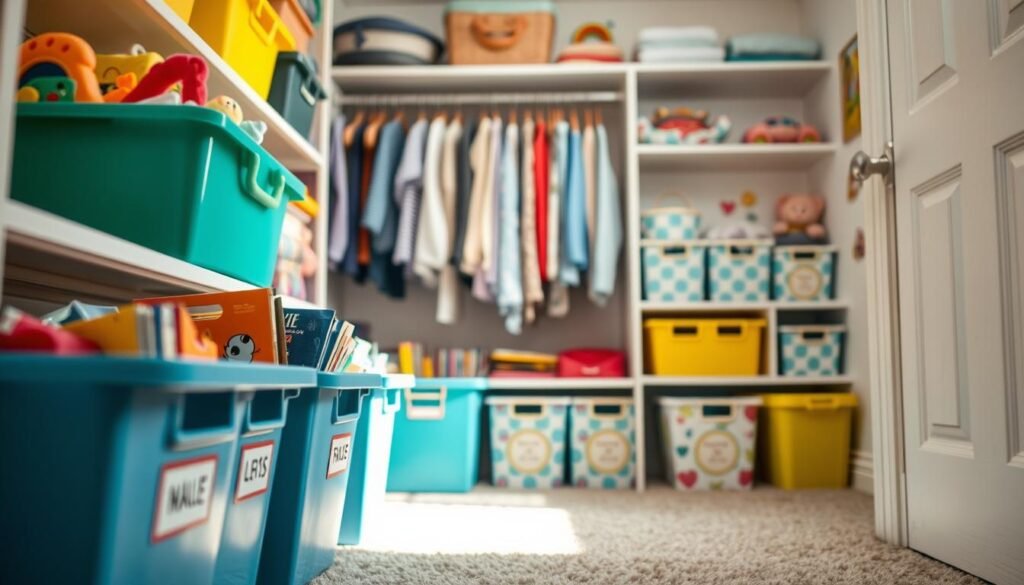 A well-organized children's closet, featuring colorful bins and labeled storage boxes filled with toys and books. In the foreground, a little bit of sunlight streams through a window, casting a warm glow on the neatly arranged items. The middle ground shows a spacious, tidy closet with clothes hung neatly on child-sized hangers, and fun printed storage baskets on shelves. The background hints at a playful yet organized atmosphere, with bright wall decals and a soft carpet underneath. The scene is inviting and cheerful, ideal for promoting kid-friendly organization techniques. The perspective is slightly angled, emphasizing depth and balance, and the overall lighting is soft and natural, creating a cozy and motivating atmosphere.