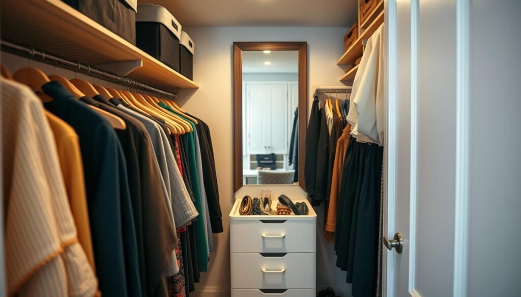 A well-organized compact closet showcasing efficient use of space. In the foreground, neatly arranged hangers holding a variety of items such as shirts, blouses, and scarves, with stylish storage bins on the shelves labeled for easy access. The middle features a small pull-out drawer filled with accessories like belts and jewelry, all color-coordinated. The background includes a full-length mirror reflecting the closet, enhancing the sense of space. Soft, warm lighting illuminates the interior, creating a cozy and inviting atmosphere. The perspective is slightly angled, giving depth to the closet's layout. The scene embodies tranquility and order, perfect for showcasing maintaining closet organization in a small space.