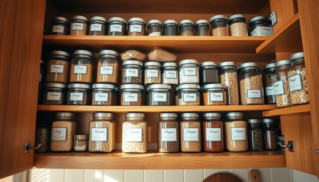A well-organized kitchen cupboard, showcasing an array of neatly labeled jars and containers, filled with grains, spices, and dry goods. The foreground features a clear view of wooden shelves, with light streaming in from a nearby window, casting soft shadows. In the middle, the shelves are perfectly arranged, with matching glass jars adorned with elegant, easy-to-read labels, adding a touch of modern sophistication. The background subtly fades into a warm kitchen environment with light-colored walls and cabinetry, enhancing the overall inviting atmosphere. The lighting is natural and bright, creating a cheerful and airy mood that inspires a sense of order and efficiency in cooking.