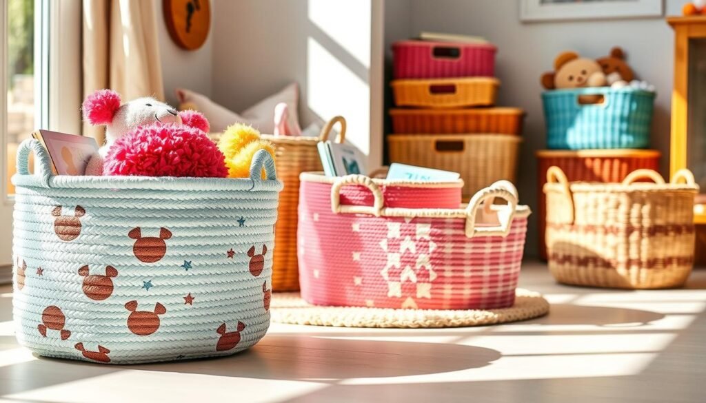 Colorful woven organization baskets, designed for kids’ rooms, arranged neatly on a bright, playful floor. In the foreground, a light blue basket features animal patterns, while a pink one is adorned with stars, both filled with plush toys and books. In the middle background, several more baskets are stacked beside a cozy reading nook, showcasing various sizes and textures. A soft rug lies underneath, enhancing the cheerful atmosphere. Natural light streams in from a nearby window, casting gentle shadows, highlighting the vibrant colors and textures of the baskets. The angle is slightly elevated, offering a playful perspective, capturing a sense of organization and fun in a children's space. The overall mood is joyful, tidy, and inviting.